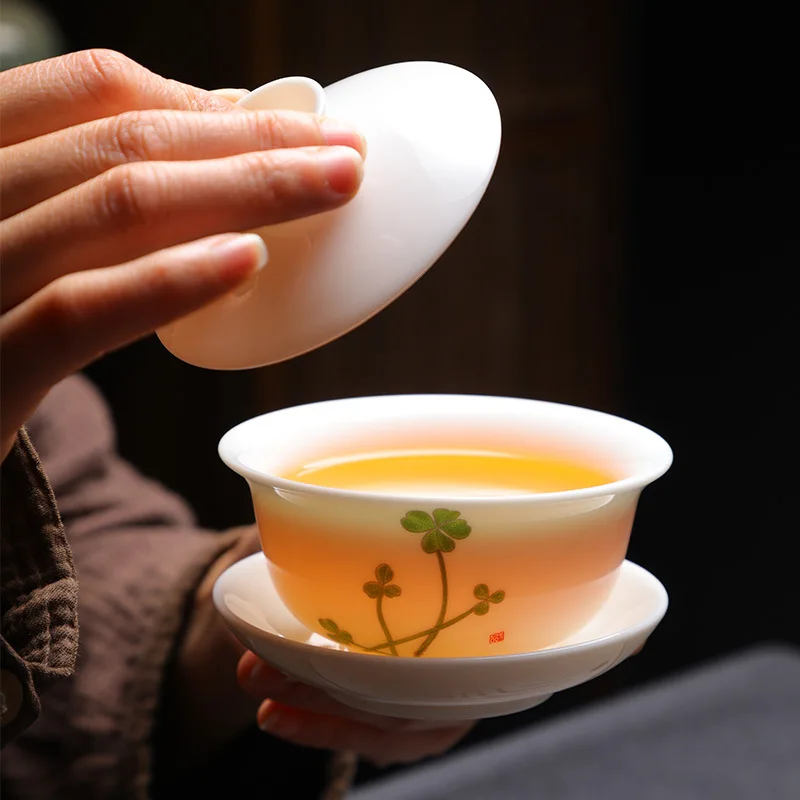 Dehua Yangzhi Jade Covered Bowl Three-Talent Bowl Ceramic Chinese White Tea Bowl Cover Cup Single Anti-Scald Large Size170ml