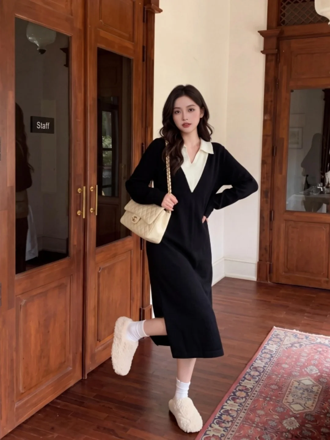 Collar Color Block Long Sleeve Knitted Dress plus Size 300 Pounds Straight Casual Fake Two-Piece Sweater Dress