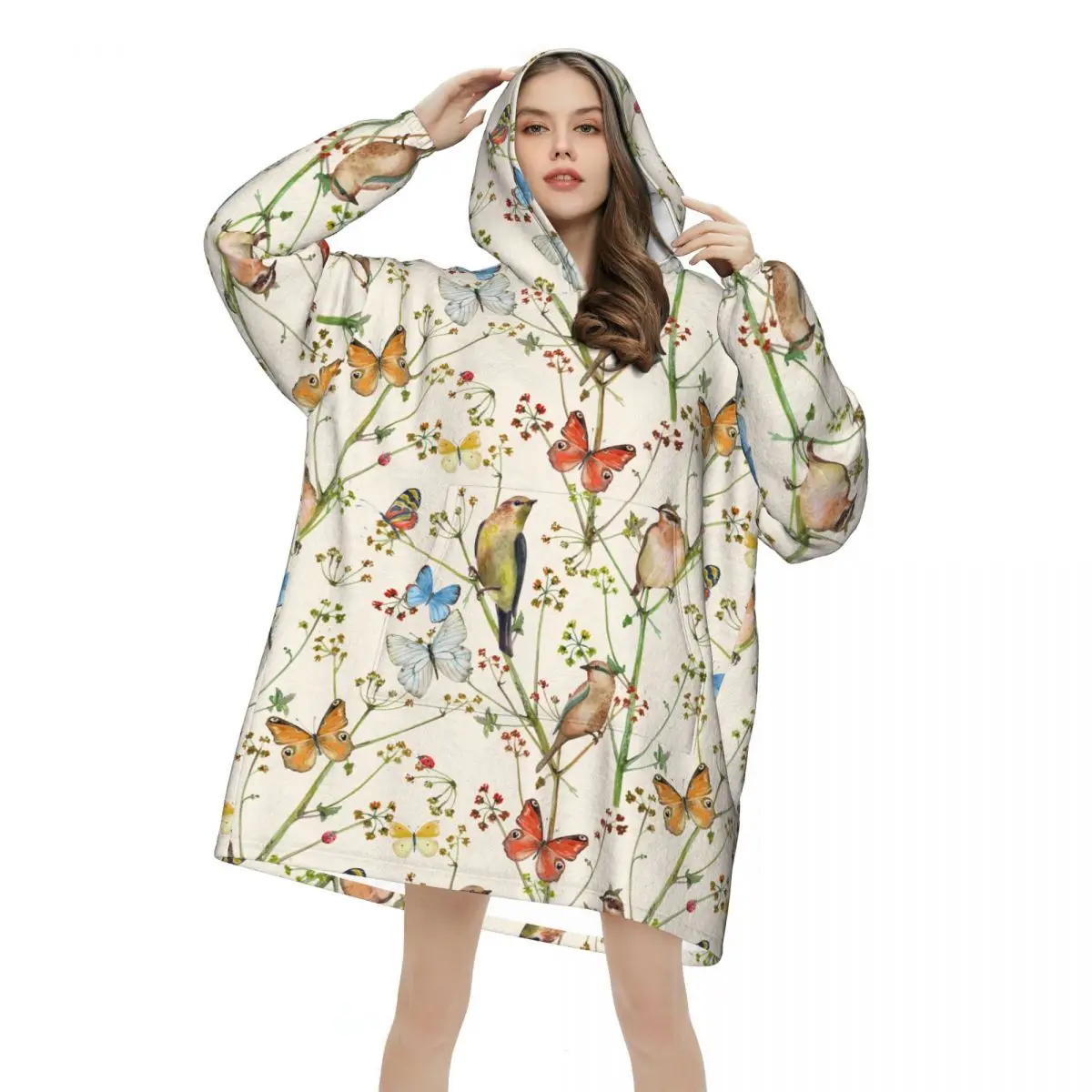 Vintage Butterfly Sparrow Bird Floral Art Blanket Hoodie Wearable Butterflies Flowers Print Sweatshirt Blanket Gifts for Women