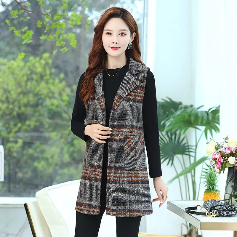 Vintage Printed Button Pockets Plaid Vests Jackets Women Clothing 2024 Autumn Winter New Loose Office Lady Tops All-match Coats