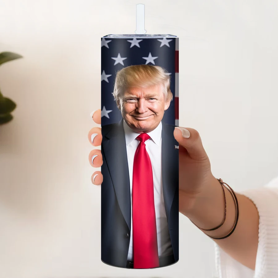 20oz Stainless Steel Outdoor Party Travel Tumblers Straw Lid 1Pc 3D Print Trump USA Flag Festive Party Straight Mugs Anniversary