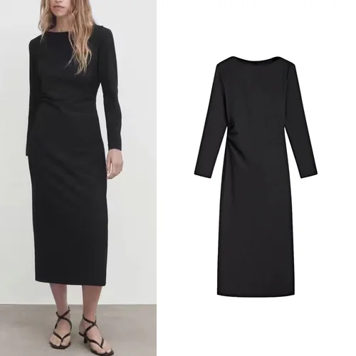 「고급브랜드」가을 신상품 편리한 컨버터블 블랙 롱슬리브 드레스 측면 접이식 디자인 직장용 바닥 드레스 