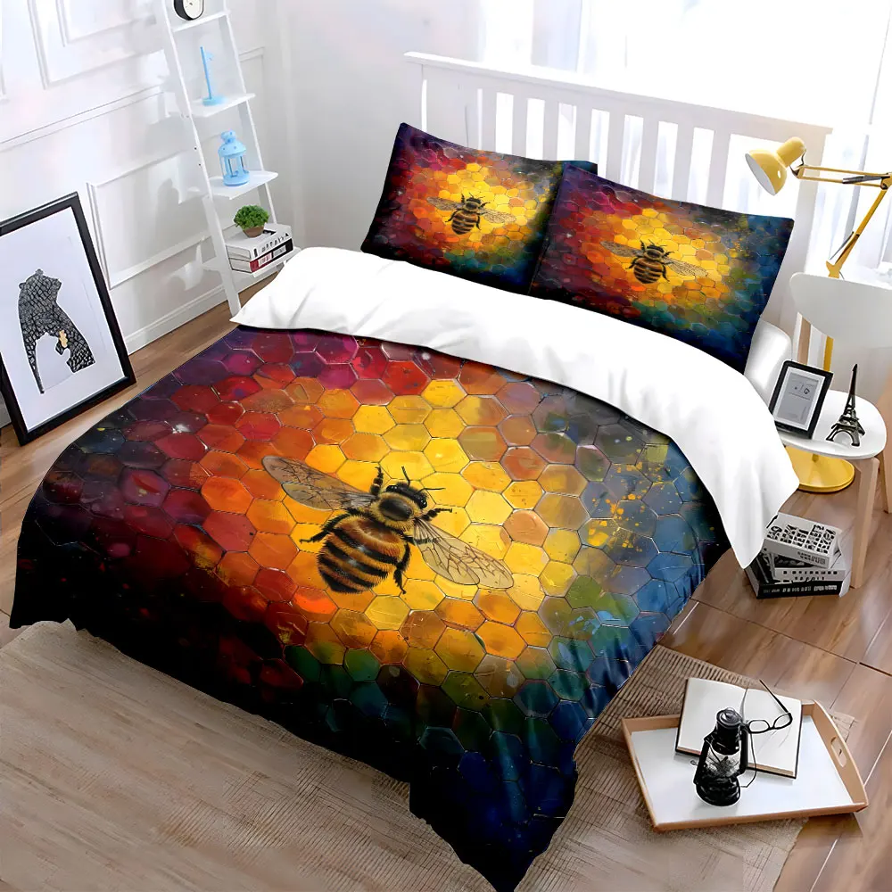 Honeybee Colorful Artwork Set Decor Bedding Set with 1 Duvet Cover 2 Pillowcases Single Double King Queen, Gift