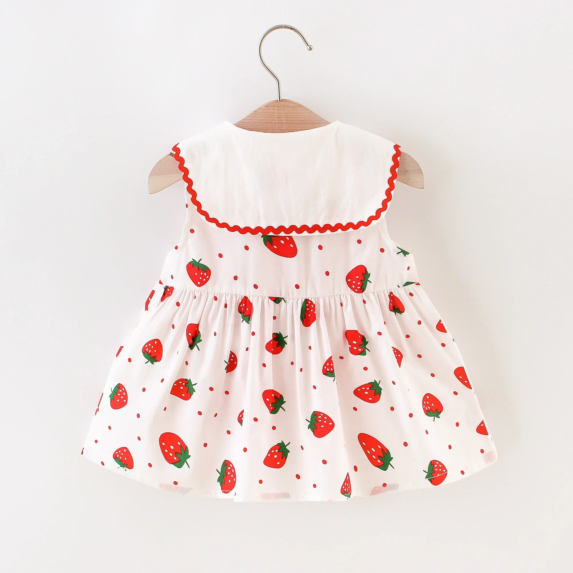 Girls Fashion Navy Blue Collar Strawberry 9 Months to 3 Years Old Sleeveless Gift Bag 2023 Round Neck Cotton Summer Dress