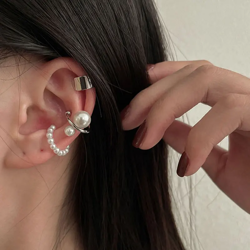 3Pcs/Sets C-shaped Pearl Ear Cuff Gold Color Simple Geometry Non-Piercing Fake Cartilage Clip Earrings For Women Fashion Jewelry