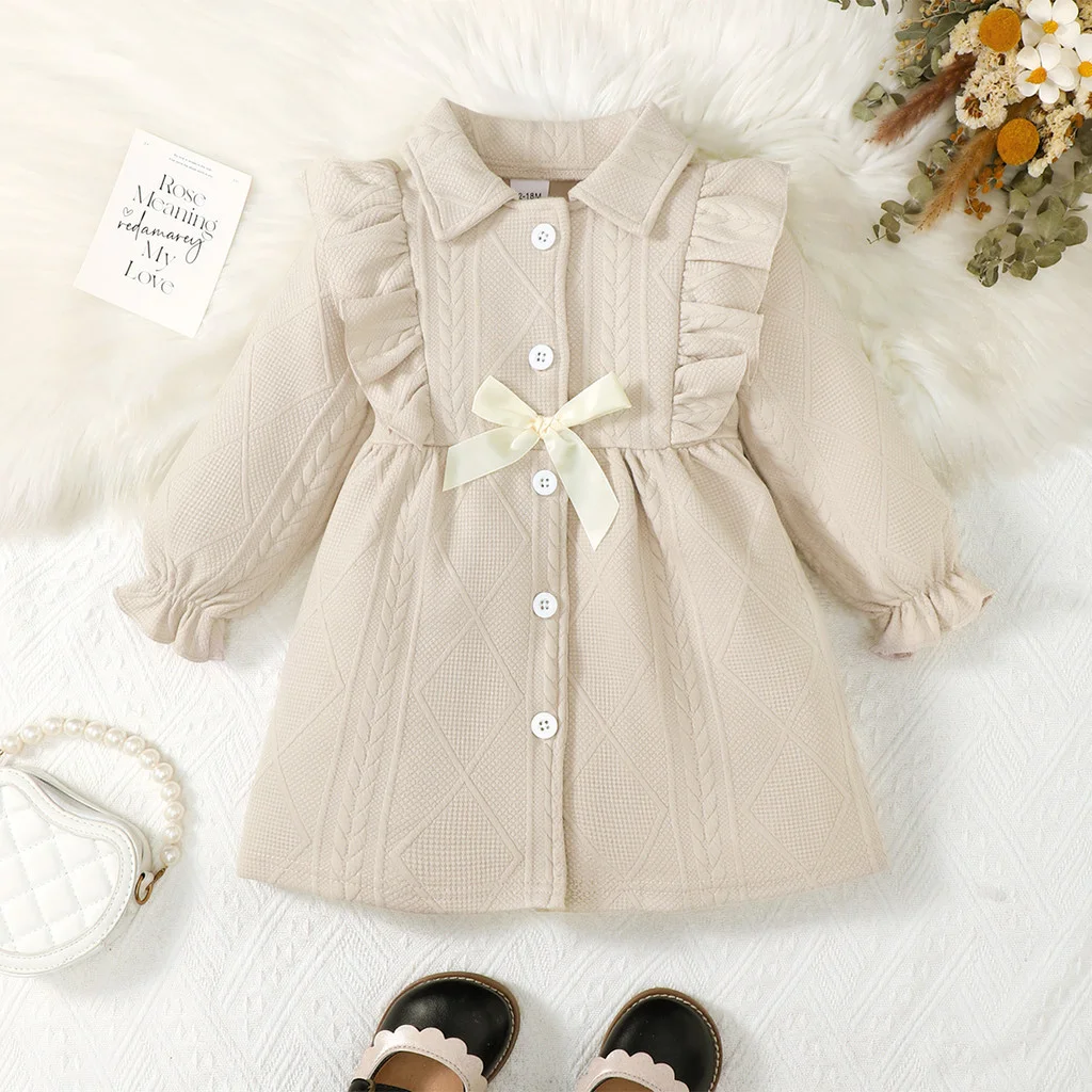 1-4 Years Kids Girl Clothes Apricot Shirt Dress Ruffle Bow Decor Autumn Casual Princess Party Girls' Children's Clothing Set