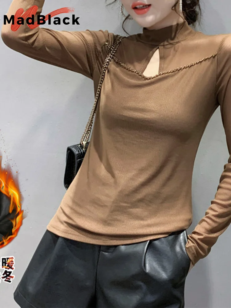 

MadBlack European Clothes T-Shirt Thicken Fleece Turtleneck Diamonds Female Slim Tops Long Sleeve Tee Autumn Winter T3D231JM