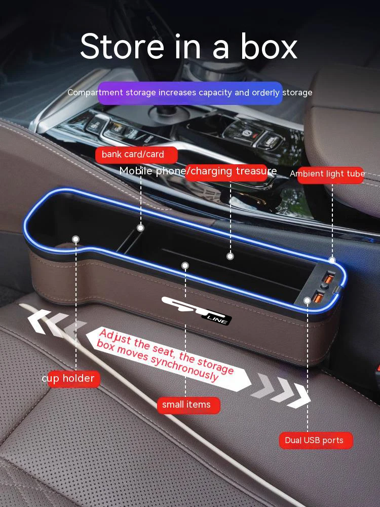 For KIA GT Line Forte Seltos K5 Sportage Ceed Soul Car Sewn Seat Gap Crevice Slot Storage Box With USB Charging Auto Accessories