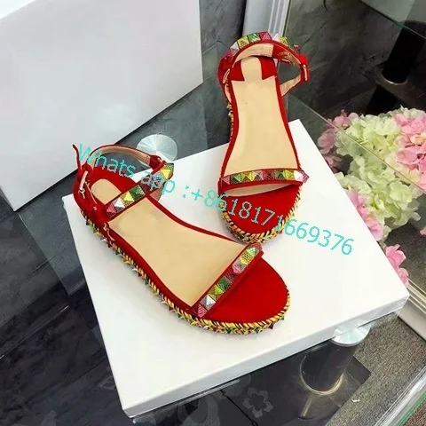 Women Luxury Rivet Wedes Slingback Sandals Dress Ankle Buckle Thick Sole Spikes Shoes Sexy Weave Espadrille Style Sandals