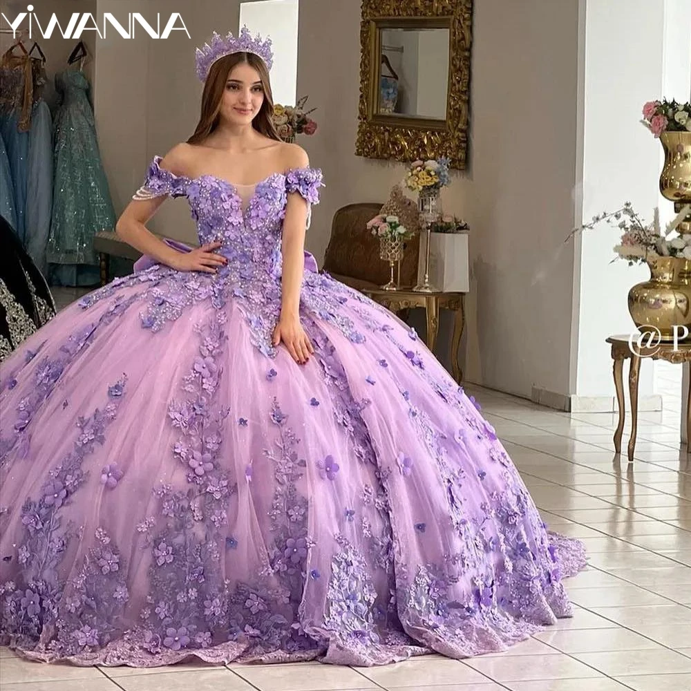 

Purple Off The Shoulder Quinceanrra Prom Dresses Exquisite Appliques 3D Flower Princess Long Graceful Sweet 16 Dress Vestidos