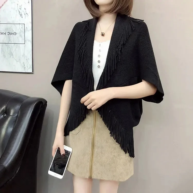 White Women Spring Knit Tassels Open Stitch Lady Out Loose Coat Sweater Vest Party Scarf Over Cloth Top Shawl Cloak Cape Poncho