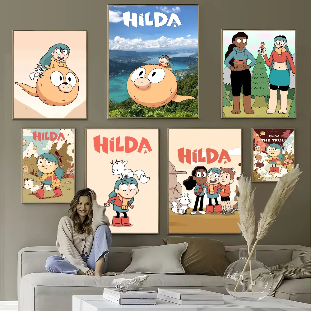 H-Hilda Cartoon Girl Whitepaper Poster Waterproof Paper Sticker Coffee House Bar Aesthetic Art Wall Painting