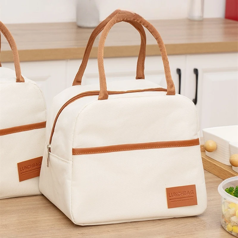 

3 Styles Beige Insulated Lunch Bag Office Worker Reusable Bento Box Bag Portable Thermal Cooler Food Container for Travel Picnic