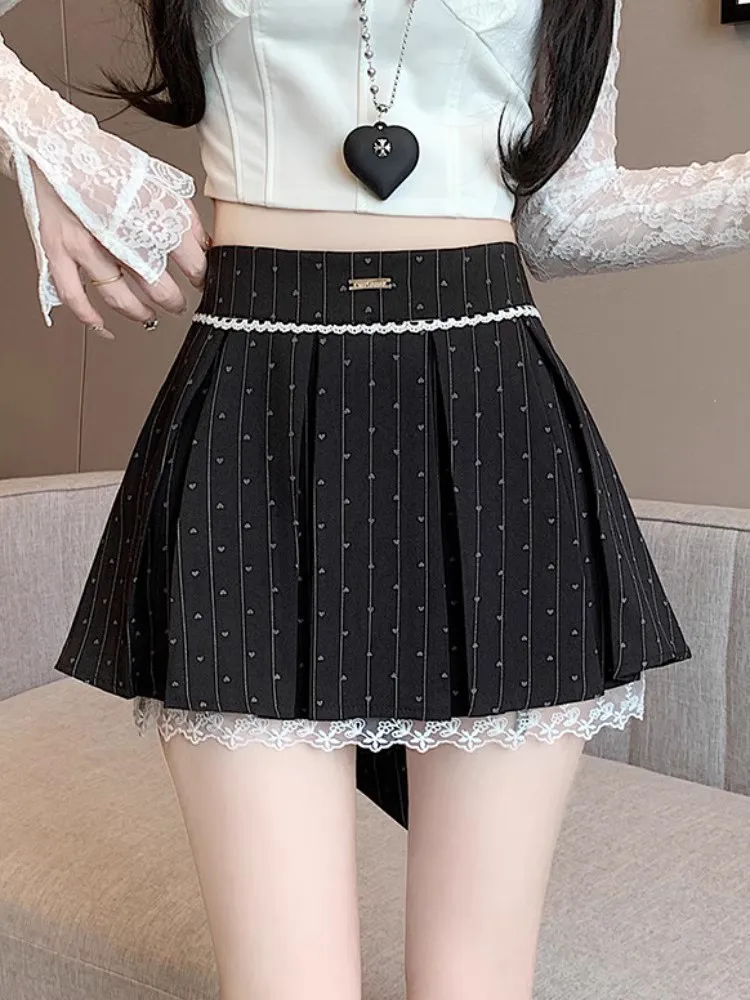 

American Sle A-Line f Skirt Women Spring College Sle Knot Pleated Anti-Light Polka Dot Suit Skirt Lace Trim
