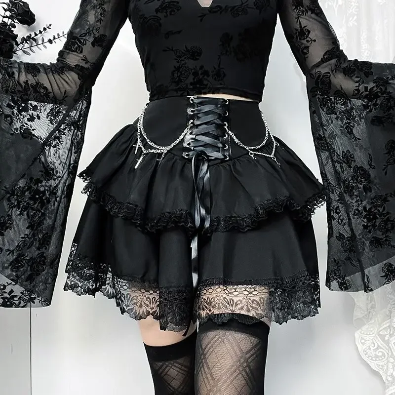 

FC6Summertime Dark Gothic Chain Cross Double Skirt Subculture Lace Strap All-match Skirt@FC8！