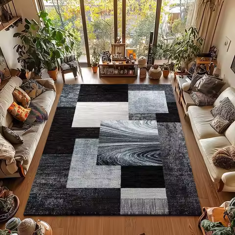 RAKKS Modern Geometric Area Rug Soft Black Gray Abstract Grid Office Living Room Sofa Floor Mat Study Game Carpet Home Decor