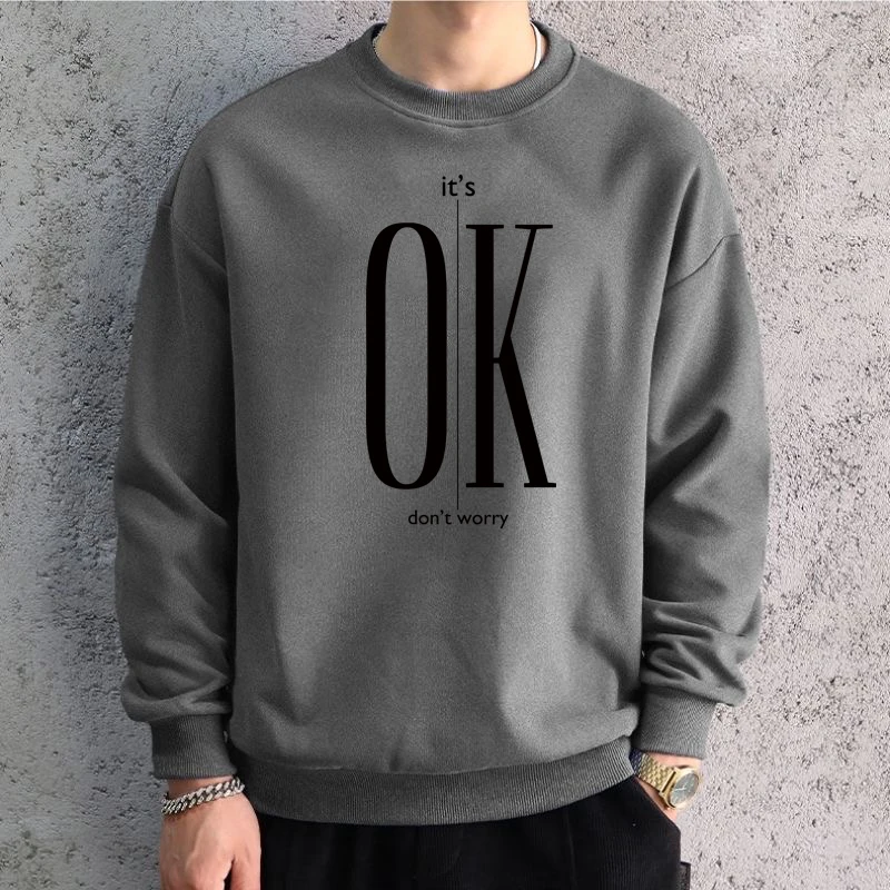 Men Oversized Black Graphic Sweatshirts Hoodied OK Printed Long Sleeve T-shirt Cotton Hiphop Tees Sports Top Men Clothing 2024