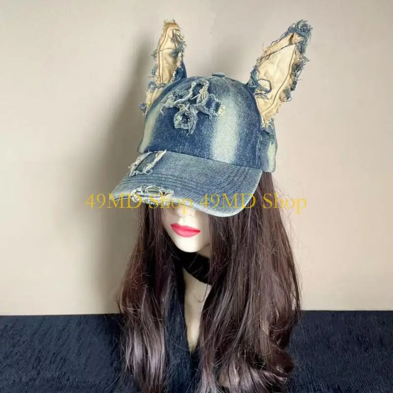 49MD Cool Dog Ear Hat Distressed Fabric Hat Baseball Hat for Women Men Daily Use