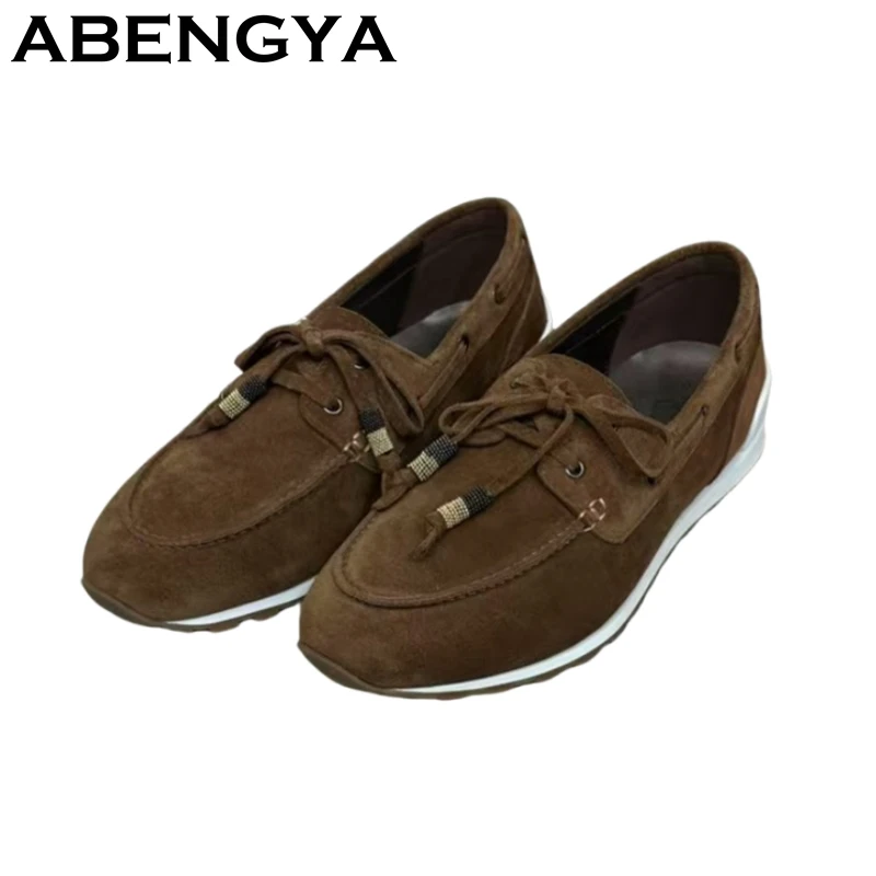 

2025 Summer Suede Leather Lace Up Flat Shoes Women Round Toe Bead Chain Pendant Casual Loafers Comfort Walk Single Shoes Mujer