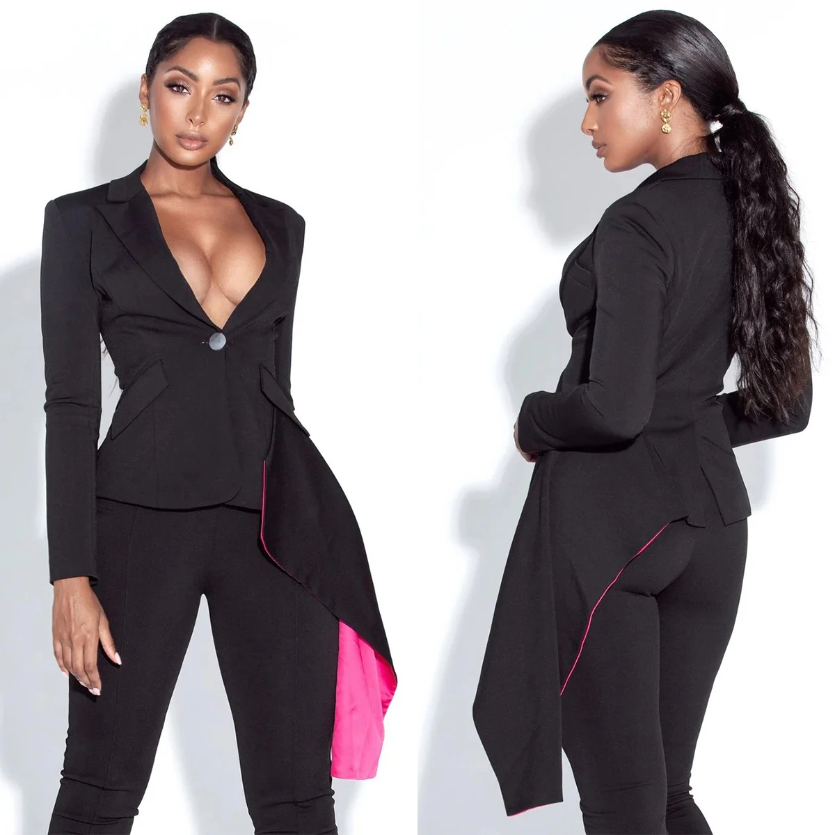 ชุดสูทผู้หญิง ชุดราตรี สง่างาม แจ็คเก็ตติดกระดุมเม็ดเดียว ยาวคลุมหลัง กางเกงขายาว สำหรับผู้หญิง ชุดสูท 2 ชิ้น แขนยาว รับตัดตามสั่ง