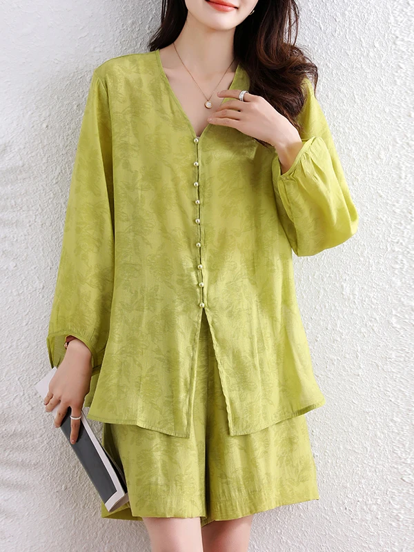 

Faionable Long Sve V-Ne Вышитый комплект с одной пуговицей Эластичная талия Широкие ноги Женский ансамбль из двух предметов