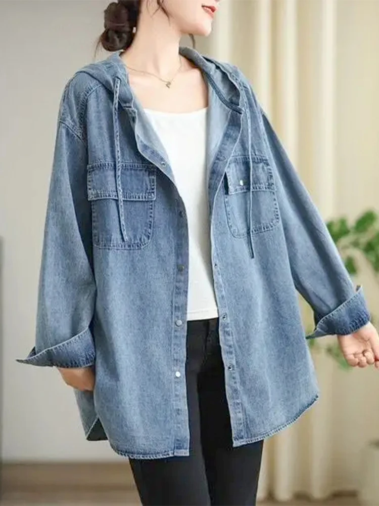 Max LuLu Fall 2024 Loose Leisure Hooded Denim Shirts Womens Vintage Females Classic Oversized Blouses British Fashion Punk Tops