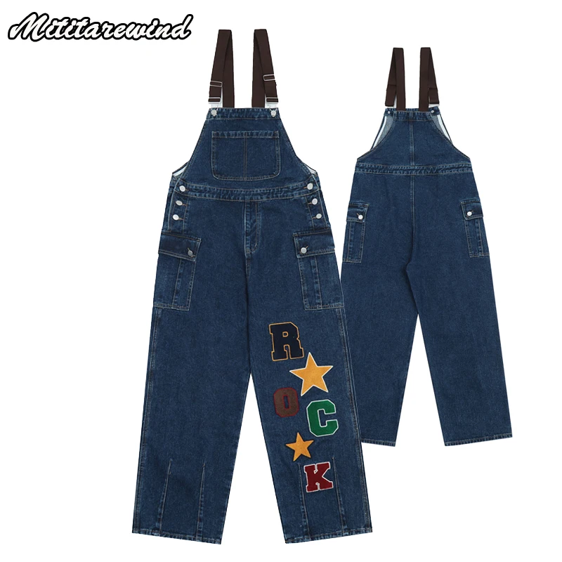 

Vintage Overalls For Men American Style Embroidery Flocking Retro Blue Jeans for Men Loose Casual Hip Hop Streetwear Pants