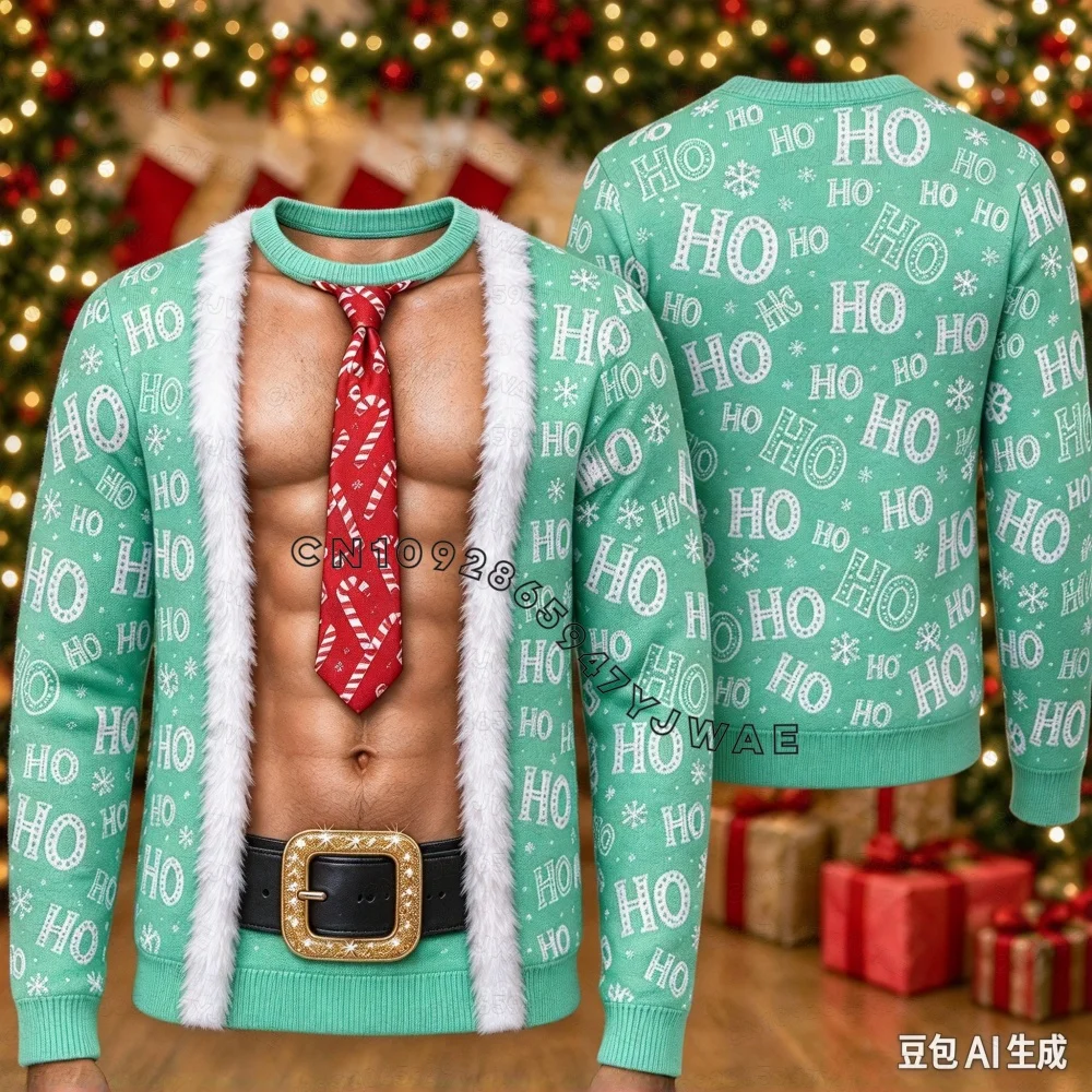 Funny Muscle Santa Bikini Christmas Sweatshirt For Men Women 3D Print Ugly Pullover Holiday Party MEN  HOODIES