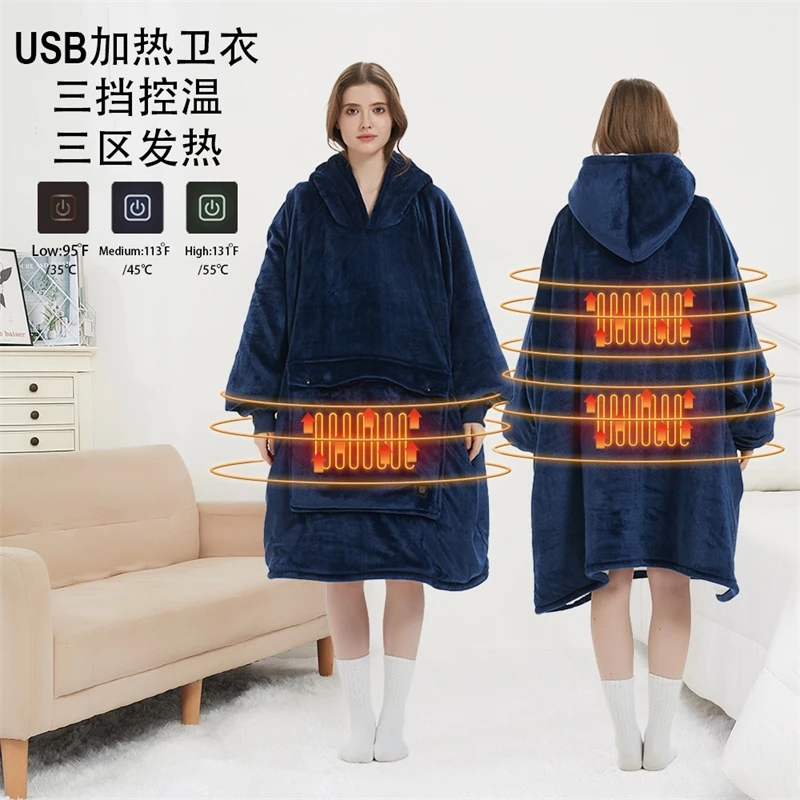 Oversized Wearable Blanket Hoodie With Sleeves Pocket Sherpa Fleece Blanket Sweatshirt Warm Thick Plush Heating Hooded Blankets