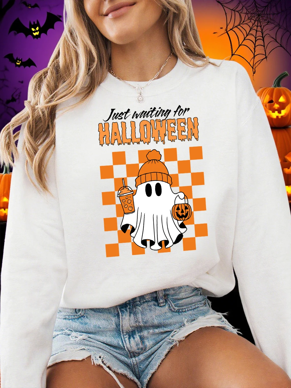 할로윈 인쇄 스웨터를위한 단순한 쓰기 여성 양털 따뜻한 스포티 후드 크루 넥 루즈 풀오버 겨울 캐주얼 의류