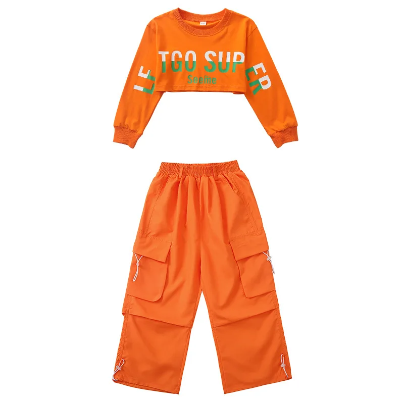 Neue Jazz Dance Kleidung Mode Mädchen Orange Crop Tops Cargo Hosen Streetwear Sets Gruppe Hip Hop Leistung Outfit Bühne Kostüm