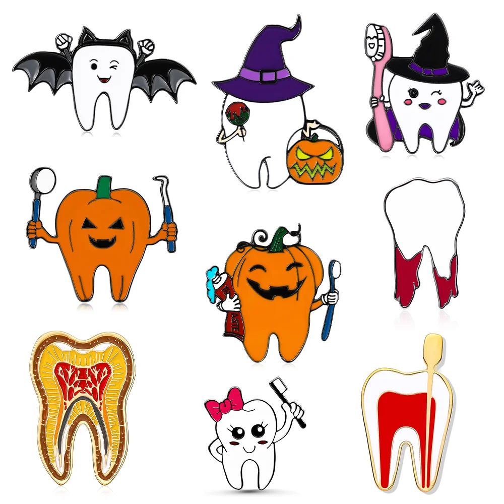 

Creative Teeth Brooch Pumpkin Wizard Bat Toothbrush Cute Fashion Halloween Enamel Pin Lapel Badge New Year Gift for Doctor Nurse