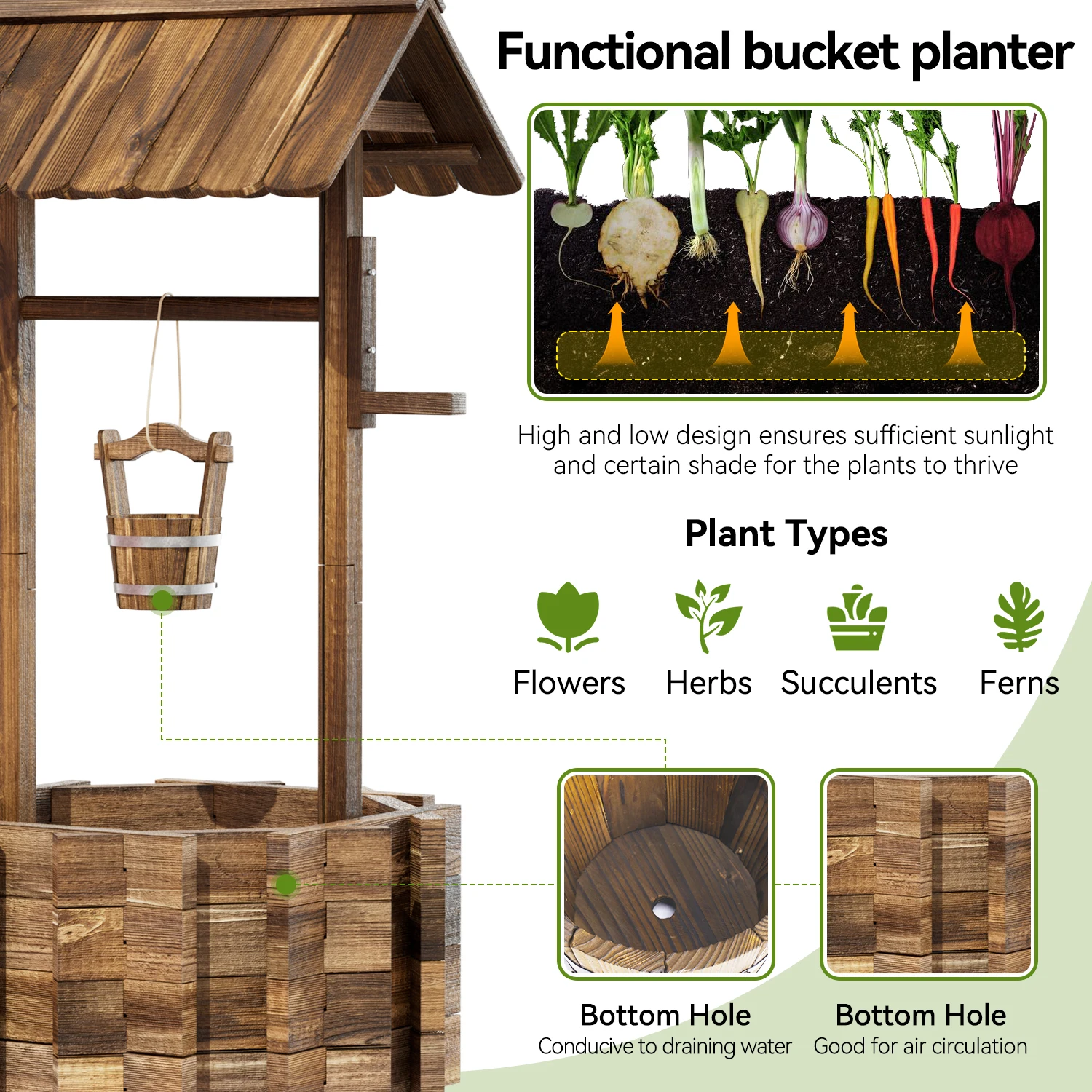 Aoxun pot harapan kayu dengan ember gantung untuk bunga dan tanaman, penanam dalam ruangan/luar ruangan, dekorasi rumah untuk teras taman