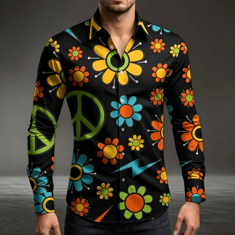Men White Hippie Peace Sign Floral Print Long Sleeve Button Down Shirt Daily Casual Blouse Tops Ropa Hombres Conjuntos