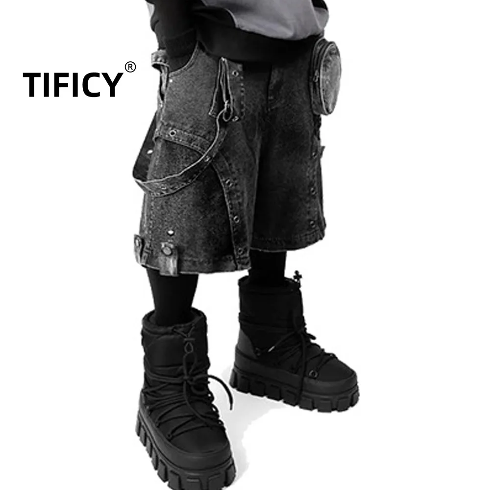 Summer Retro High Street Loose Washed High Waisted Denim Shorts Mens Slimming Workwear Style Multi Pocket Zipper Shorts