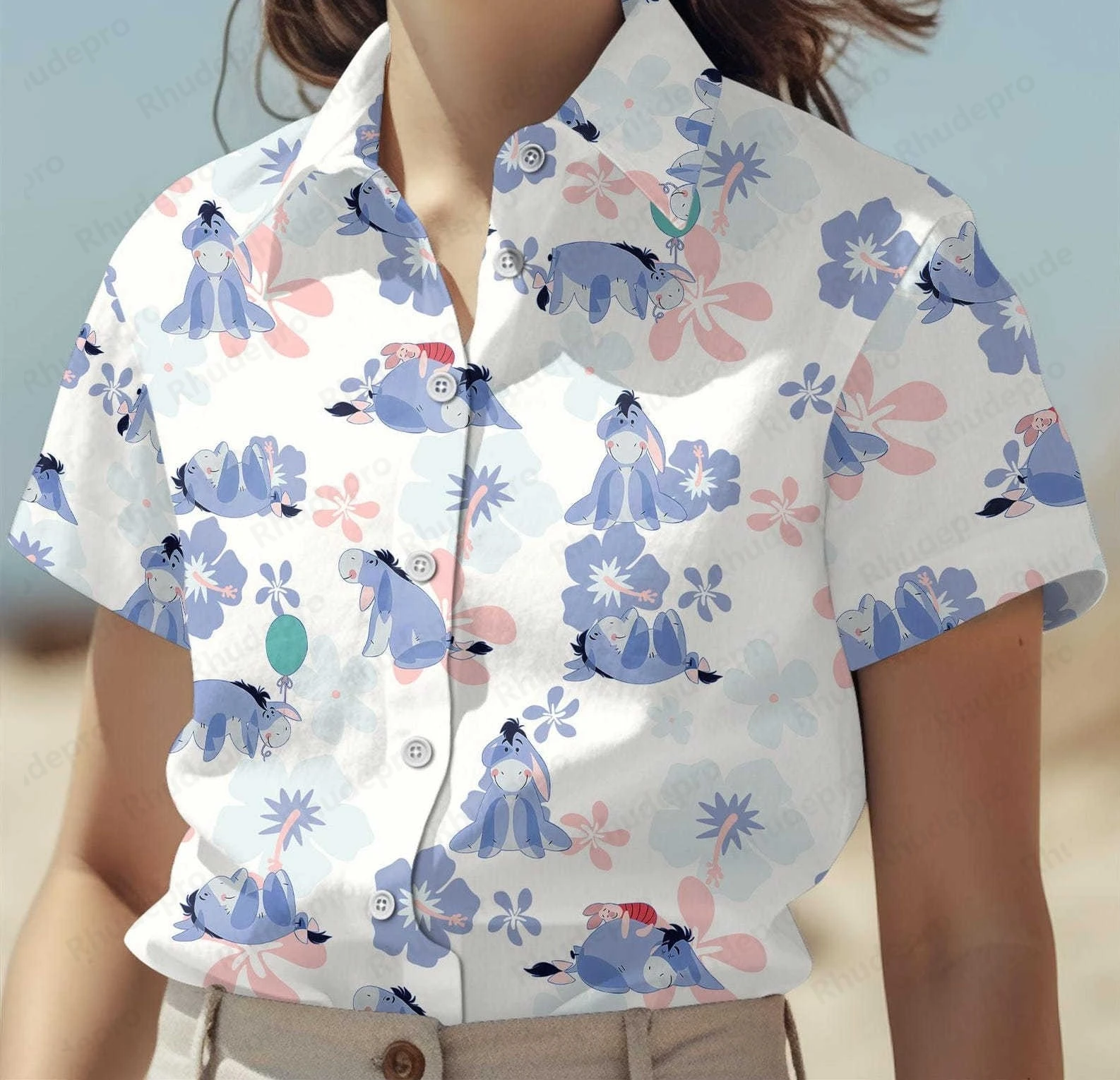 Disney tropica winnie the pooh camisa havaiana das mulheres manga curta botão camisa verão casual praia férias camisa de proteção solar