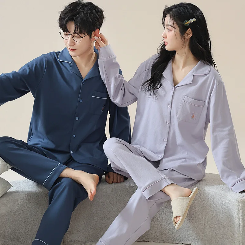 Solid Color Cotton Couple Pajamas Sets for Women Men Sleepwear Comfortable Homewear Autumn Spring Cardigan Loungewear Pijamas