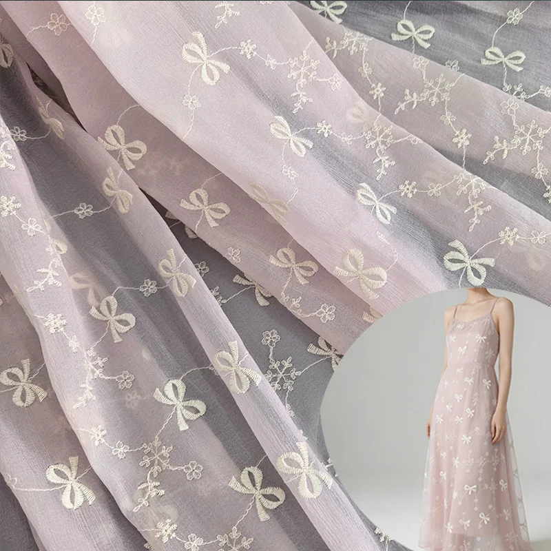 Embroidered Bow Crinkle Tulle Fabric Sheer Mesh for Spring Summer Women Kids Dress Hair Accessories Toy Tablecloth Curtain