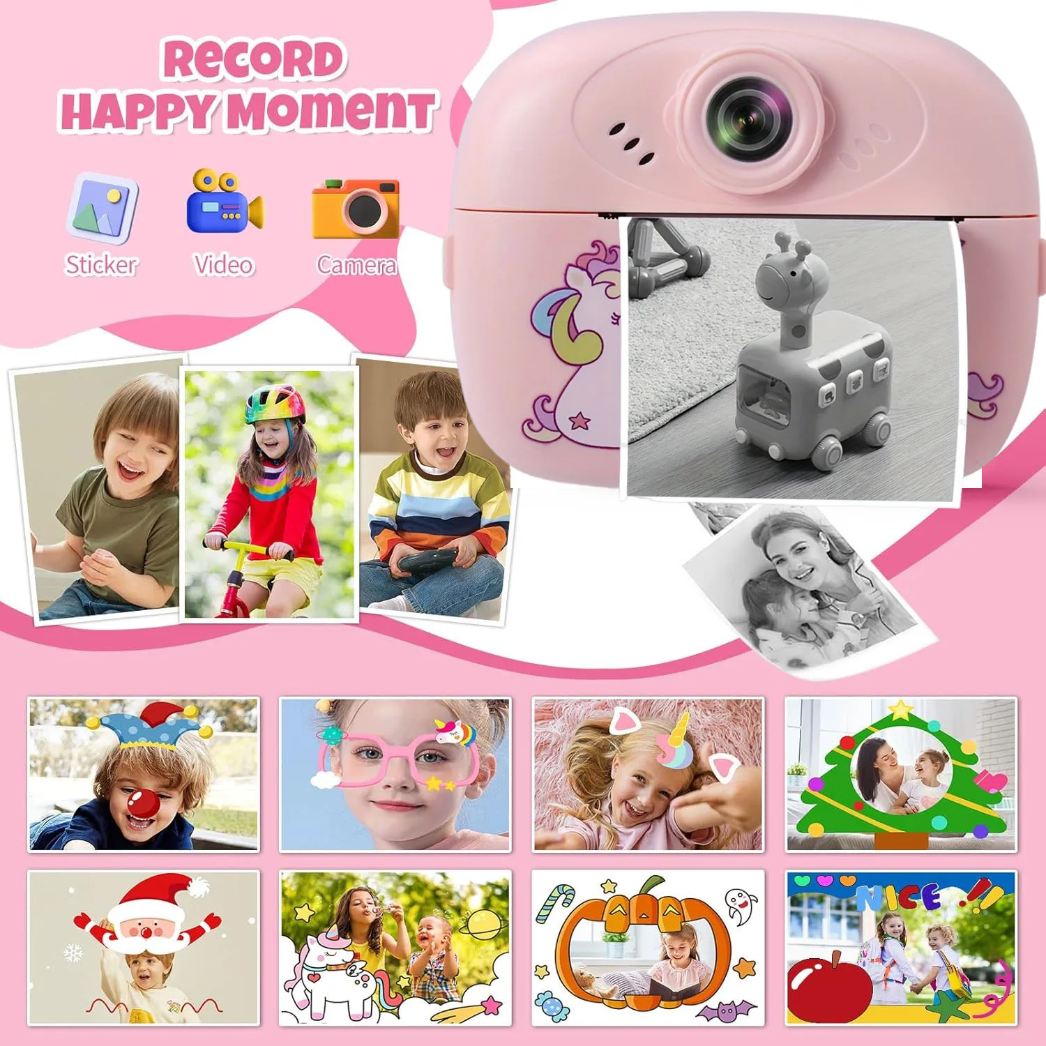 Mini fotocamera termica per bambini con stampa istantanea, supporto per la registrazione di video, adatta come regalo di Halloween per bambini