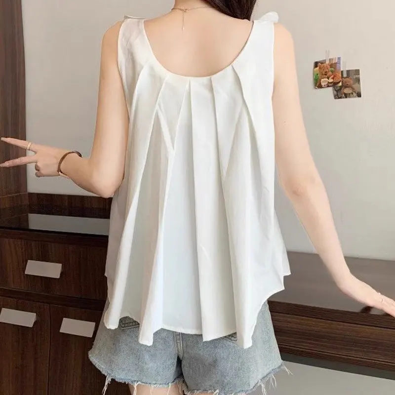Vacation Style Flowers Shirts Women's Clothing Sleeveless Summer Fashion Three-dimensional Decoration Basic Solid Color Blouse