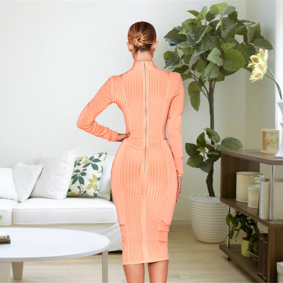 HQBORY 2023 Women winter mid-length bandage dress long sleeve orange high-neck bodycon newest arrival party dress vestido