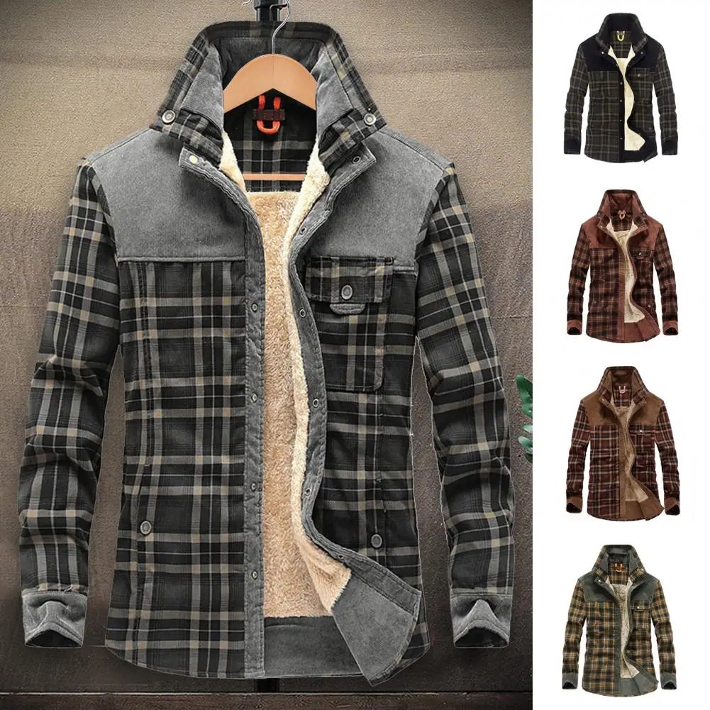 Men\'s Quilted Lined Button Down Plaid Shirt Add Velvet To Keep Warm Jacket With Hood