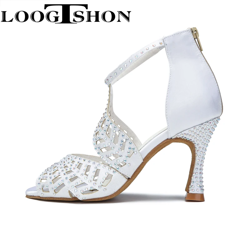 Loogtshon White Rhineston Ladies Latin Ballroom Dance Shoes   Latino  Stain Silk Salsa-dance-shoes