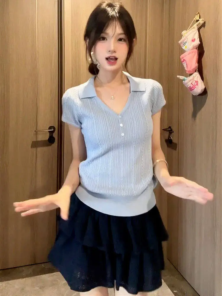 

2026 New Style V-Neck Knitted Short Sleeve T-Shirt Women's Summer Korean Style Slim Fit Beautiful Waist-Cut Top College Style