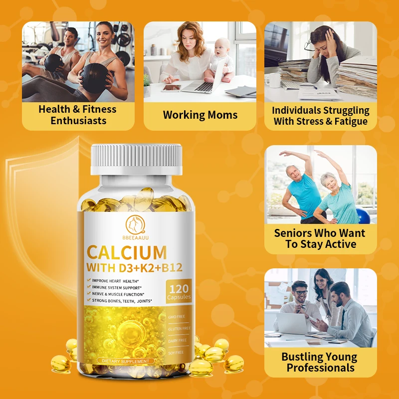 BBEEAAUU 600mg Vitamin D3+K2 Calcium Capsules Adult Bone Health Food Support Optimal Muscle Function Bone,Teeth and Heart Health