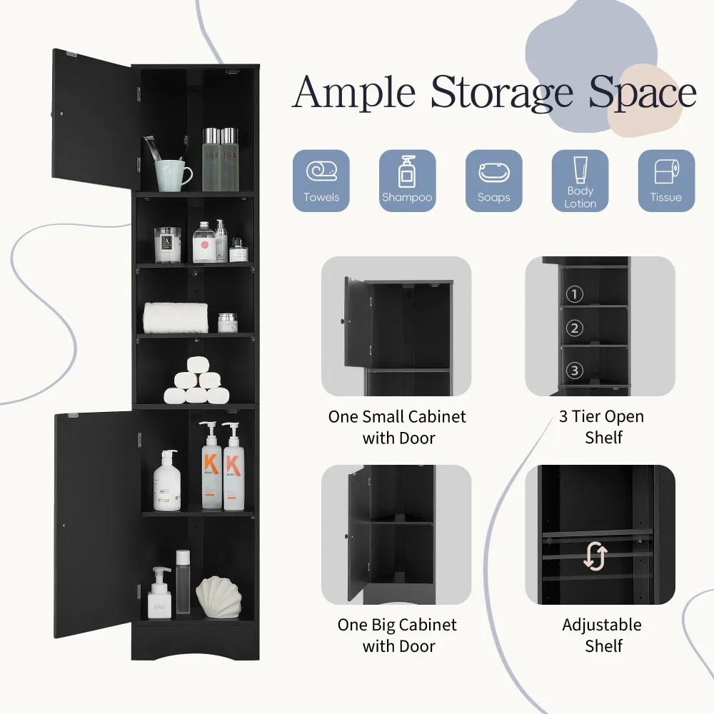 Gabinete de esquina multifuncional, gabinete de almacenamiento alto para baño con dos puertas y estantes ajustables, estante abierto, negro