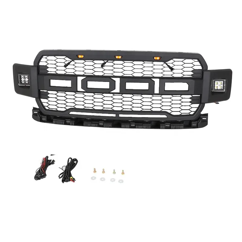 

Black Replacement Grille ABS Front Mesh Grill Fit for 2018-19 F-150 with 3 Amber LED Lights with Wiring Harness Kits