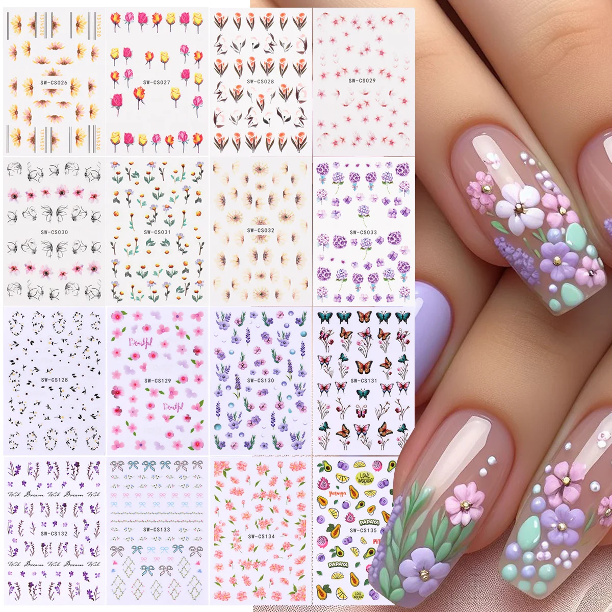 

Весенний цветок Набор наклеек для ногтей Элегантный Тюльпан Маргаритка Лаванда Подсолнух Дизайн Клейкая наклейка Цветочная бабочка Фольга Советы по маникюру