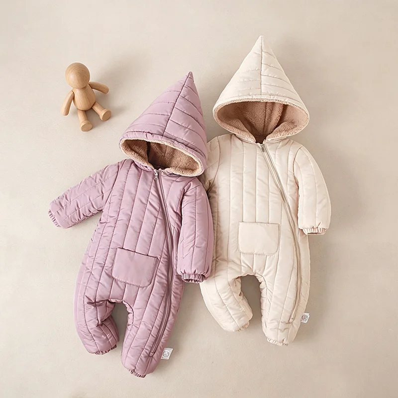 Winter Cotton Romper Baby Comfortable Warm Thick Plush Jumpsuits Newborn Kids Daily Outdoor Winfproof Thermal Hooded Overalls