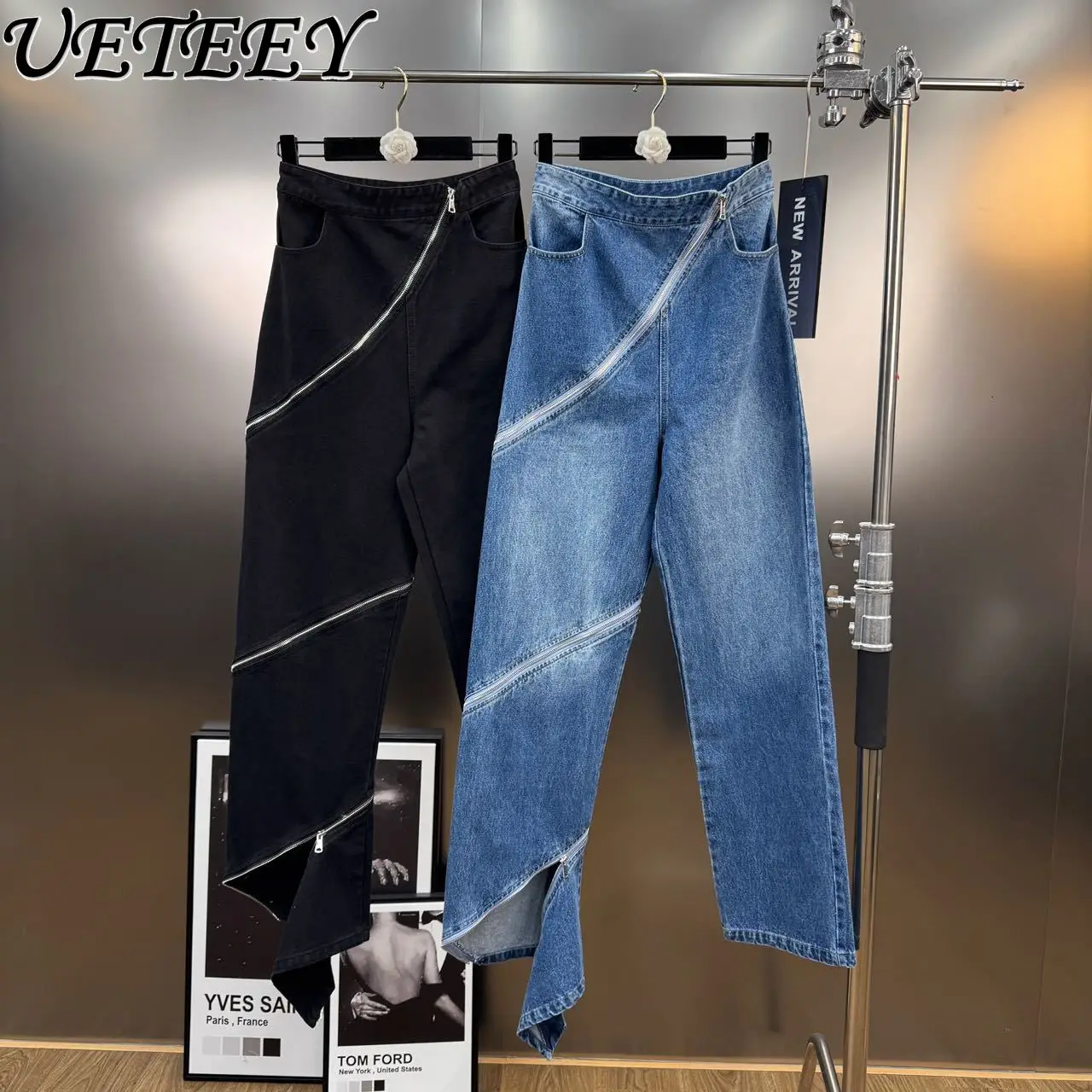 

Summer New American Retro Style High Waist Denim Trousers Zipper Heavy Industry Design Baggy Pants Trendy Straight Jeans
